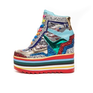 Bottines pour femmes à plateforme argentée, ornées de strass et de diamants synthétiques brillants, en toile et cuir - Product Image 2