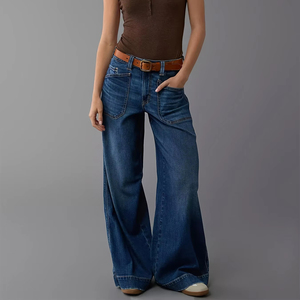 Jeans à poche sur le devant pour femmes, jambe large, ample, taille haute, <span class=keywords><strong>style</strong></span> boyfriend, jambe droite, denim extensible - Product Image 1