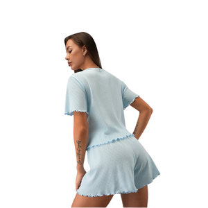 ชุดนอนผ้าฝ้ายสำหรับผู้หญิง เสื้อยืดแขนสั้นและกางเกงขาสั้น ชุดนอนระบายอากาศได้ดี ชุดลำลองเนื้อนุ่ม ไซส์ S-XXL - Product Image 1