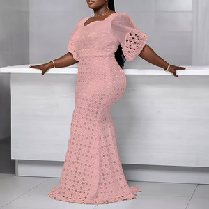 Vestido de noche transfronterizo europeo y americano para mujer, malla de Color sólido, mangas abullonadas, encaje hueco, falda de cola de pez que cubre la cadera - Product Image 2