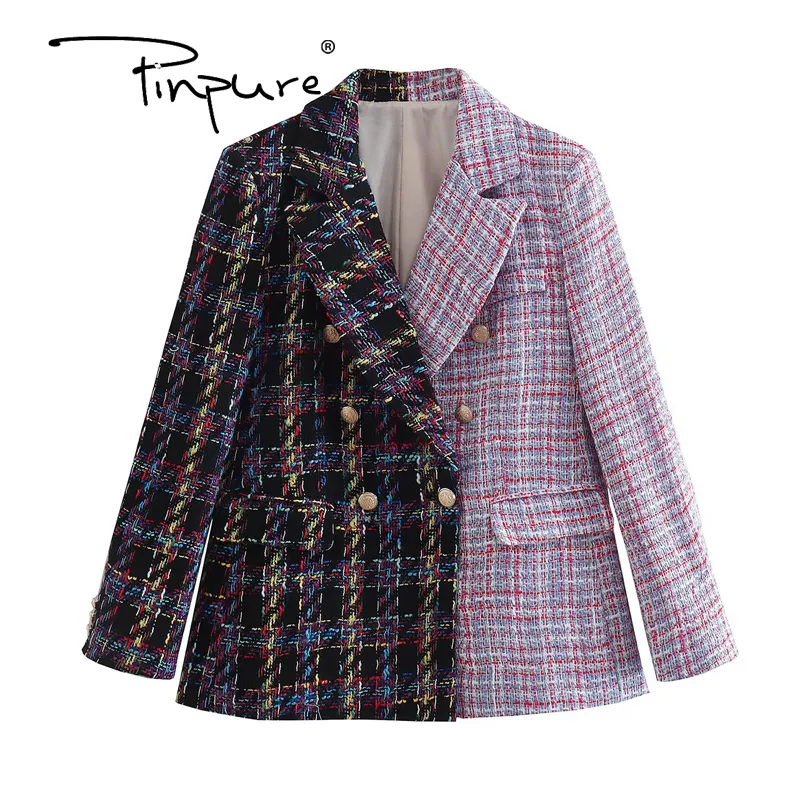 R30353S 2022 Women Vintage Blue pink Splicing Plaid Print Blazer Coat Office Ladies Double Breasted Outerwear Chic Slim Jacket