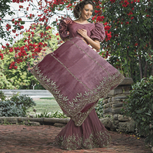 Sari brodé floral gaufré fait main en modal, coupe midi, pour femme, idéal pour les fêtes et mariages, style Inde et Pakistan - Product Image 3
