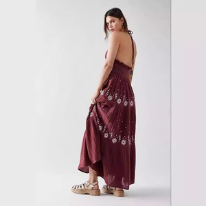 Vestido de Verano sin Espalda ni Mangas, Vestido Maxi Bohemio de Lino Bordado para Fiesta en la Playa y Vacaciones Hawaianas - Product Image 2