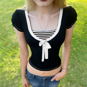 Camiseta de manga corta ajustada con detalle de lazo y bloques de color a rayas para mujer, top informal de verano estilo streetwear - Product Image 5