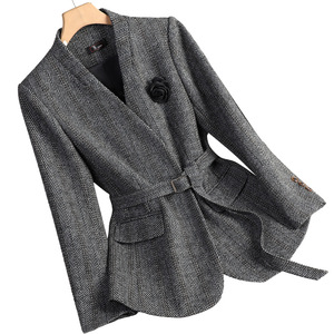 Women's Wool Blazer Coffee Color Belted Slim Fit Autumn Winter 2024 Anti-Wrinkle Pocket Design - Product Image 5