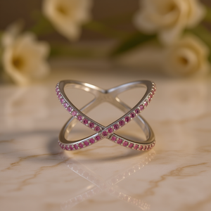 Anello Moderno con Pietra Rosa Geometrica, Gemme Sintetiche per Donne, Montatura in Rame con Incastonatura a Pavé, Gioiello di Moda, Regalo Quotidiano Modello H463 - Product Image 2