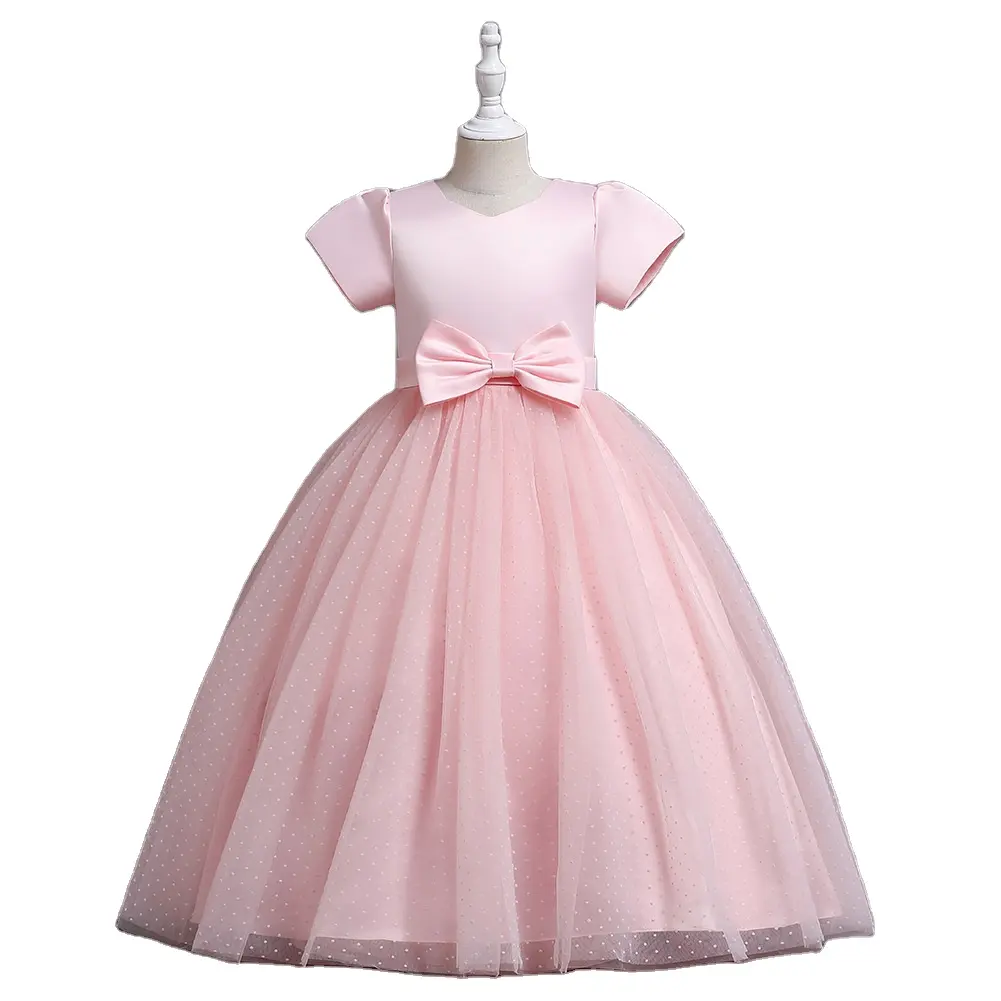 dot lace party dress with bow satin V-neck backless for kids girls dress 7 to 10 years old