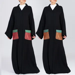 फ़ेम्स रोब मुसलमान ढीली महिला मुस्लिम मैक्सी ड्रेस रंगीन जेब के साथ ब्लैक ओपन अबाया