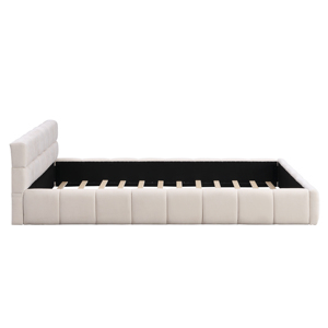 Cadre de lit moderne en tissu beige pour lit queen size avec design en damier - Product Image 6