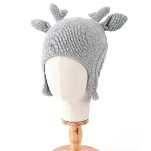 厂家直销女式女童学步妈妈宝宝搭配针织圣诞3D驯鹿鹿角纯羊绒豆豆帽