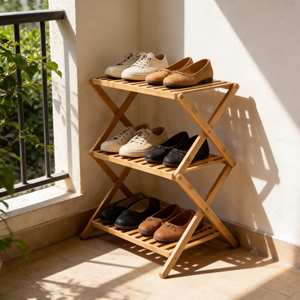 Étagère à chaussures <span class=keywords><strong>pliable</strong></span> à 3 niveaux en <span class=keywords><strong>bambou</strong></span>, type sol, empilable, pour le rangement des vêtements/sacs dans le salon - Organisateur moderne pour chaussures et vêtements - Product Image 3