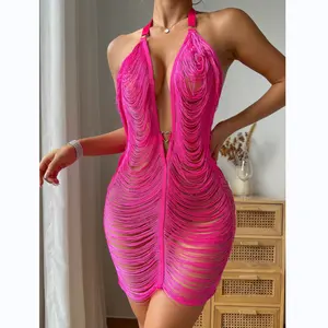 A7939 Cheaper price Sexy fashion summer dress full body tassel sleeveless backless halter neck mini women dress