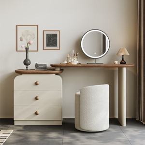 Commode de chambre à coucher en MDF de style rétro moderne français avec panneau LED, table rétractable éclairée, petits tiroirs et miroir intégré sur pied - Product Image 2