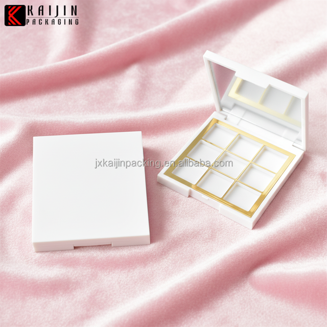 Custom Plastic Empty Eye Shadow & Blush Palette Cosmetic Box with 9 Pans Embossing Loose Powder Support for Makeup Tools
