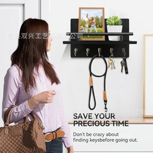 Wall <b>Shelf</b> With <b>Hooks</b> Key Rack Storage Holder Rectangle Wall Mounted Multipurpose Entryway Living Room Organizer - Product Image 4
