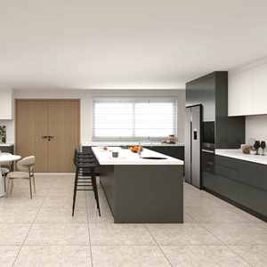 Ensemble de meubles de cuisine modernes, style plat, petit, modulaire, en bois noir, avec îlot - Product Image 1