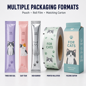 Sachet personnalisé long et étroit pour aliments pour animaux, imprimé, à trois soudures latérales, emballage en pochette adhésive pour friandises pour chats, purée et pâtes pour animaux - Product Image 2