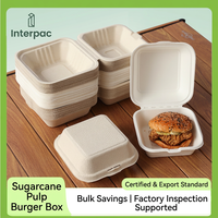 Boîte à hamburger Interpac en bagasse de canne à sucre 6x6 pouces, emballage biodégradable en forme de coquille pour les restaurants de restauration rapide à emporter