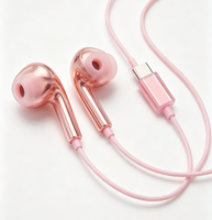 Earphone Berkabel Berlapis Elektroplating Warna Pink dengan Mikrofon Universal untuk Olahraga, Ponsel, Komputer, Kualitas Suara HIFI, Bass Berat