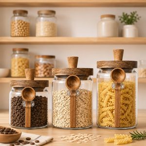 Transparent High Borosilicate Glass <b>Jar</b> with Wooden Lid Spoon <b>for</b> Coffee Bean Tea <b>Kitchen</b> Grains <b>Storage</b> Food Safe Sealed <b>Jar</b> - Product Image 1