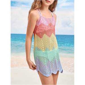 Vestido de playa corto de punto personalizado para niña pequeña, estilo camisero con cuello halter, de malla, holgado y con cordones. - Product Image 4