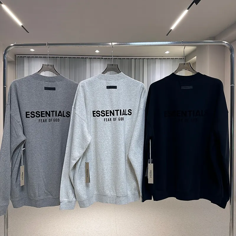 Essentialsマイクロラベル植毛レタープリントラウンドネックプルオーバーパーカー厚手無地長袖冬服