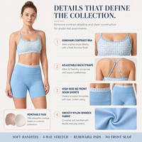 Ensemble de yoga personnalisé pour femme : Soutien-gorge de sport à carreaux avec dos réglable et short cycliste taille haute sans couture avant pour la gym, le Pilates et les activités sportives