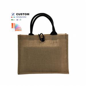 Custom Logo Natural Flat Bottom Shopping <b>Bag</b> Reusable Woman Fashion Handle Gift <b>Bag</b> Sublimation Jute Tote <b>Bag</b> With Button Design - Product Image 1