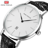 Montre à quartz habillée MINI FOCUS MF0108G pour homme, bracelet en cuir véritable noir, affichage du calendrier, minimaliste, style occidental, montre pour homme