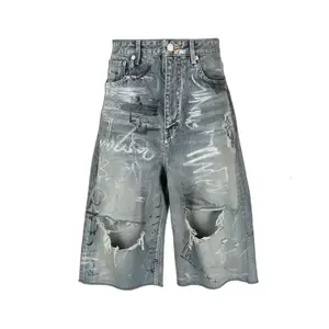 New Arrivals Wholesale Baggy Jean Custom Design Jorts Hip-hop Embroidered Ripped Vintage Heavy Craft Denim Baggy Jean Shorts Men