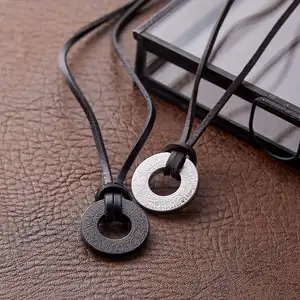 Inspire Jewelry Men's Stainless Steel Round Muslim Shahada Islam Allah Pendant Necklace with leather chain black Silver Color