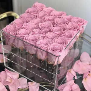 25 Holes Custom Square Eternal Preserve Roses Flowers Holder Transparent Acrylic Box For Flower