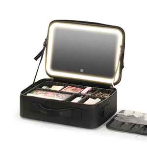 Popular New Arrival Makeup Artist Luggage Large Fabric Trolley Cosmetic Professional Makeup Bag With LED Light And Mirror