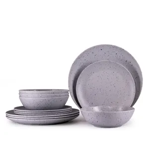 On-trend Light Gray with Speckles Unbreakable 12pc Dinnerware Sets Melamine Dinner Plates Melamine Bowl Sets