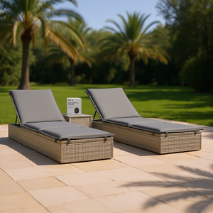 Lettini Prendisole in Polyrattan Grigio con Tavolino, Set Arredo Esterno per Patio, Design Moderno Stile Contemporaneo, Cuscini Inclusi - Product Image 2