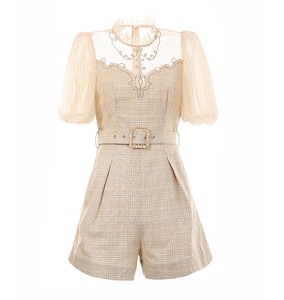 <span class=keywords><strong>Tuta</strong></span> da donna estiva a vita alta <span class=keywords><strong>Beige</strong></span> Skinny con Plaid in Nylon traspirante e manica a bolle comoda e alla moda - Product Image 1