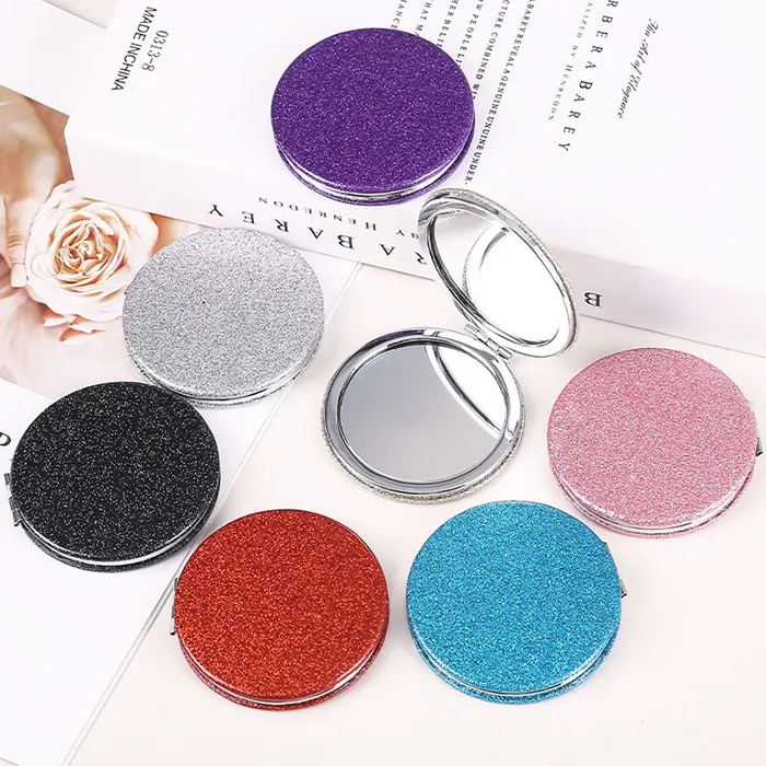 Aangepaste Make-Up Compacte Spiegel Pu Lederen Glitter Pocket Spiegel Vergroting Kleine Draagbare Vouwen Reizen Cosmetische Spiegel