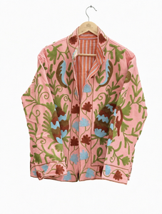 Pink Floral Embroidered <b>Mandarin</b> <b>Collar</b> Bomber <b>Jacket</b> Women's Spring Autumn Winter Cotton Velvet Full Sleeve Regular Length Hand - Product Image 3