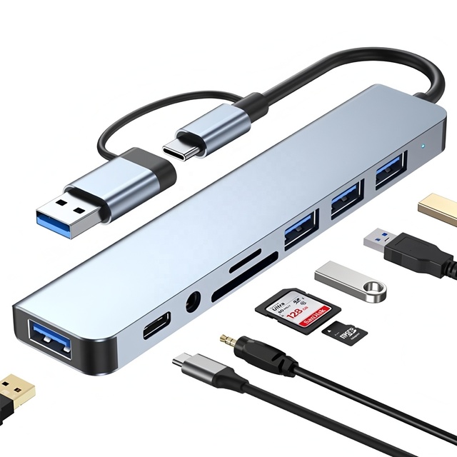 8-in-1 USB-C Hub with Dual Head USB 3.0 SD/TF Card Reader Audio Port PD Charging Aluminum Alloy in Stock