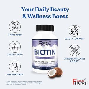 Fabricant de compléments alimentaires à base de biotine 20000mcg avec kératine et noix de coco, améliore la qualité des cheveux et des ongles, 120 capsules de biotine - Product Image 2
