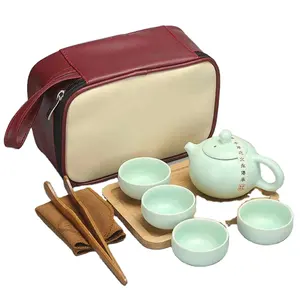 ชุดน้ำชากังฟูญี่ปุ่น,กาน้ำชาเซรามิกพกพาสำหรับเดินทางใช้งานกลางแจ้งพร้อมถ้วยสองหรือสี่ใบ