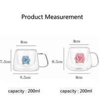 Taza de Café de Vidrio de Borosilicato de 200 ml con Decoración 3D de Rosa o Lazo para Té, Leche o Regalos