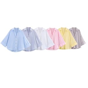 Nueva Camisa de Manga Ancha a Rayas con Cuello, Estilo Europeo y Americano, Moderna, Casual y Versátil para Mujer - Product Image 1