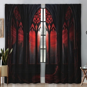 Rideau d'Halloween avec imprimé rose rouge et squelette enlacé, draperie noire pour fenêtre, décoration de chambre à coucher, 2 panneaux personnalisables - Product Image 4