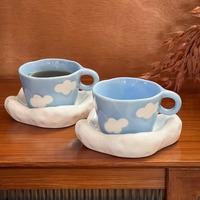 Ensemble de tasses à café en céramique en forme de nuage faites à la main, tasse à thé ciel bleu rêveur avec soucoupe