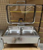 Conteneur de buffet rectangulaire argenté 6L/9L avec dessus en verre résistant à la chaleur, finition mate martelée, et pieds robustes