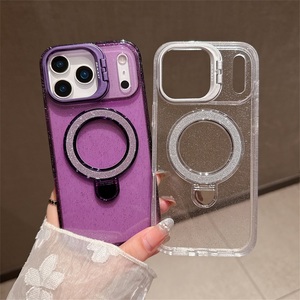 เคสโทรศัพท์พรีเมียมจากโรงงาน โปร่งใส ประดับกลิตเตอร์ วัสดุ PC พร้อมกรอบเลนส์และขาตั้งแม่เหล็ก สำหรับ iPhone 13 14 15 16 17 Pro Max - Product Image 1