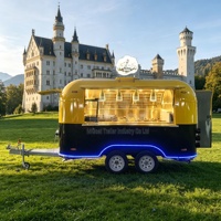 Promotion : Remorque alimentaire rétro jaune et noire avec bande lumineuse LED et cadre de signalisation personnalisé pour la vente de burgers, BBQ et restauration rapide en rue