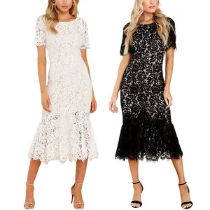 White Lace Gala Dresses Short Sleeve Bridesmaid Women Dinner Dress Party Lady Evening