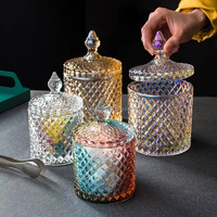 Pot à bougie rond vide en verre taillé en diamant, 140 ml, 300 ml, 550 ml, avec couvercle en verre assorti, emballage inclus